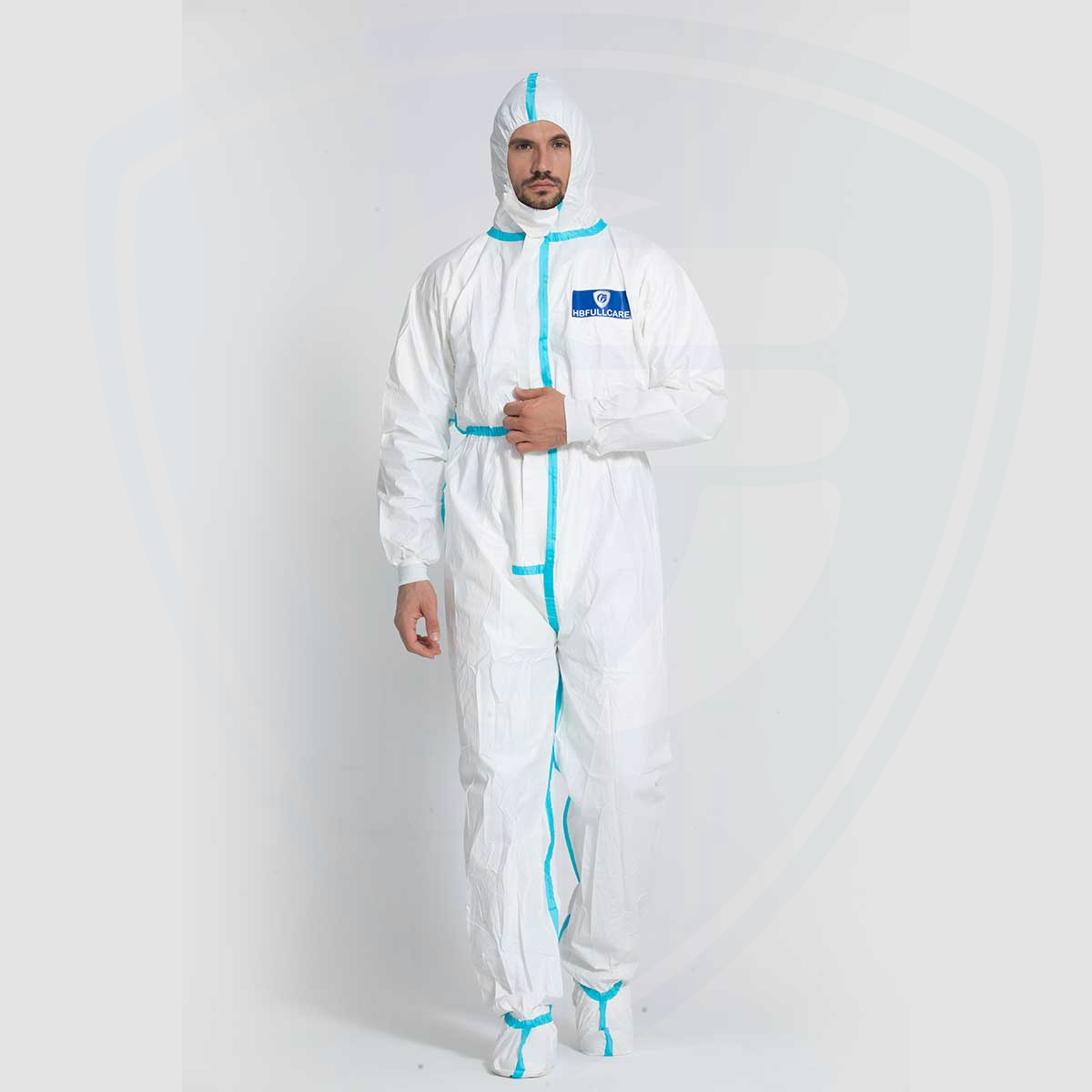 Type4/5/6 disposable protective overall with blue taped seam and boots