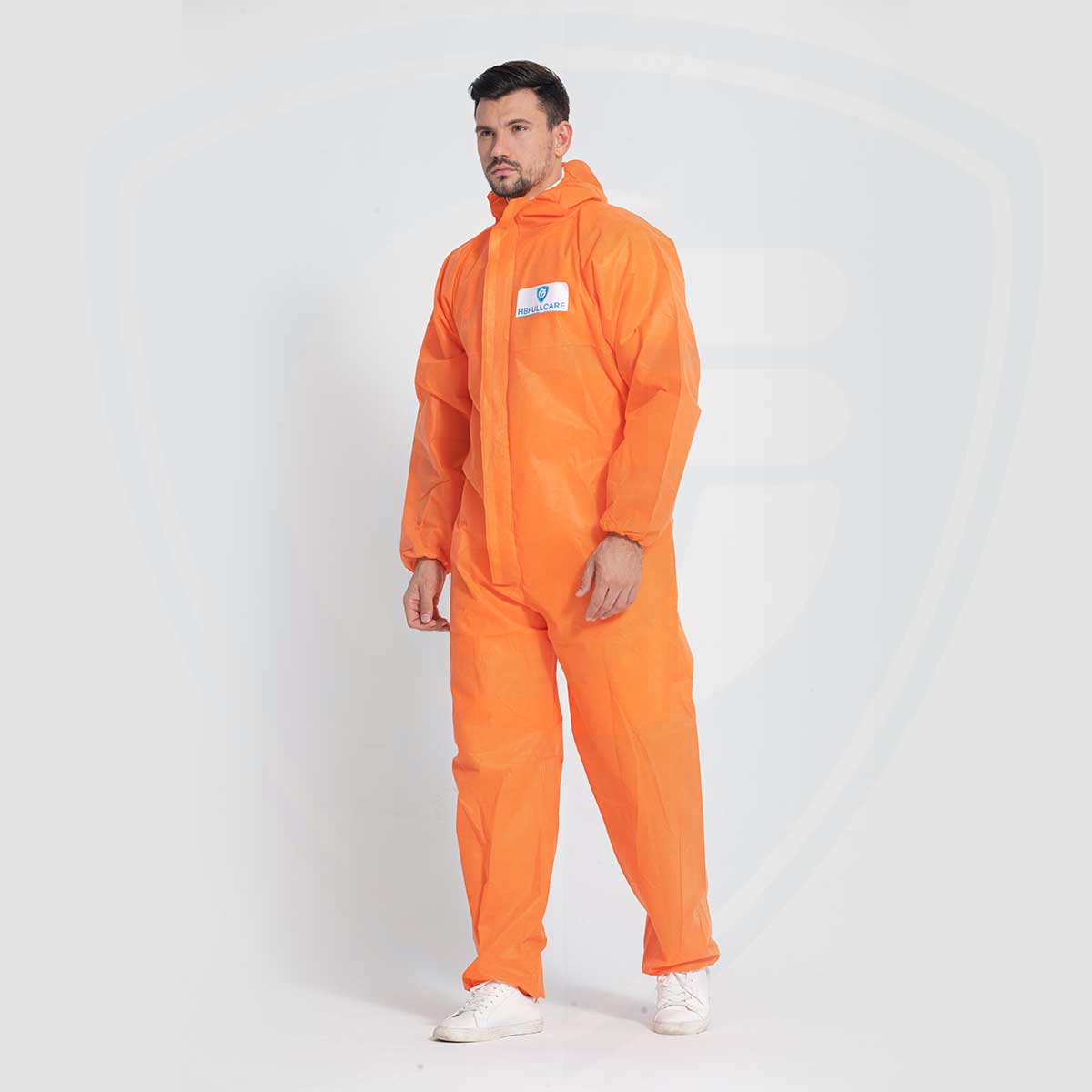 EN1149 Orange Hooded SMS Disposable Coverall for Type5/6 protection Level 